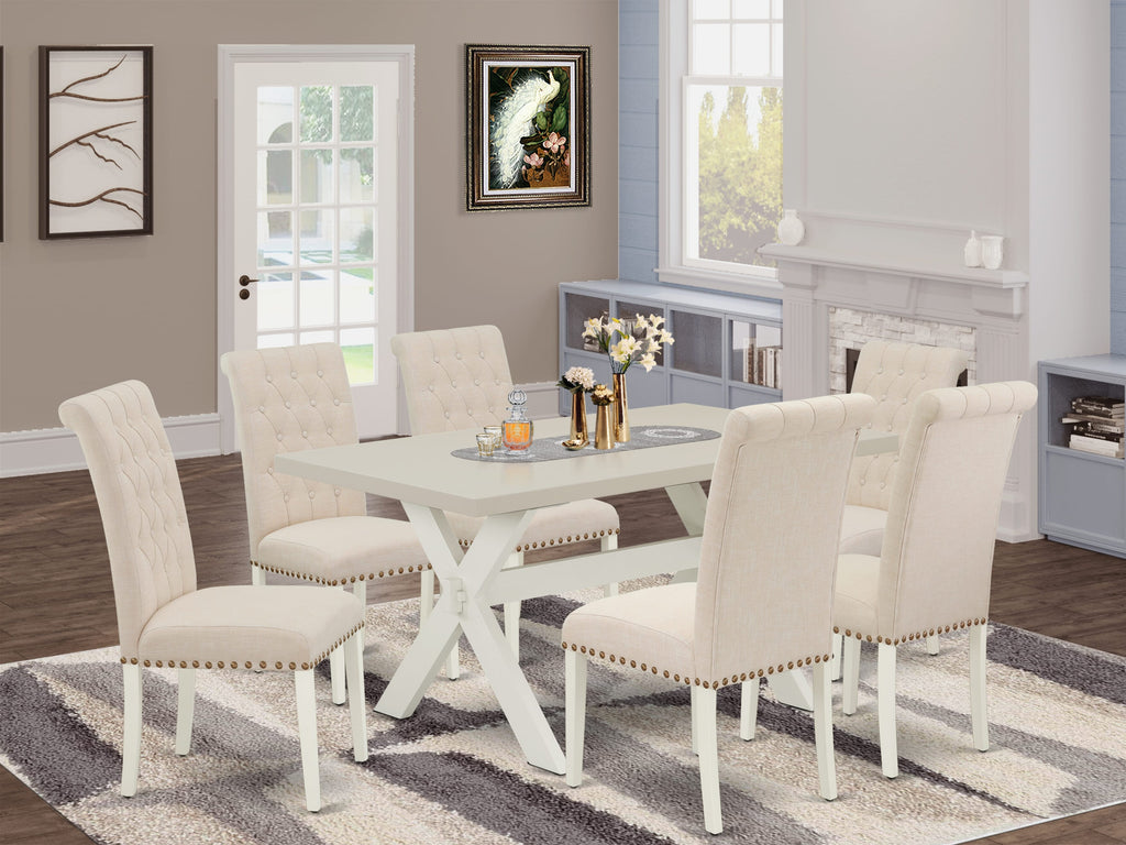 East West Furniture X026BR202-7 7 Piece Dining Table Set Consist of a Rectangle Dining Room Table with X-Legs and 6 Light Beige Linen Fabric Upholstered Chairs, 36x60 Inch, Multi-Color