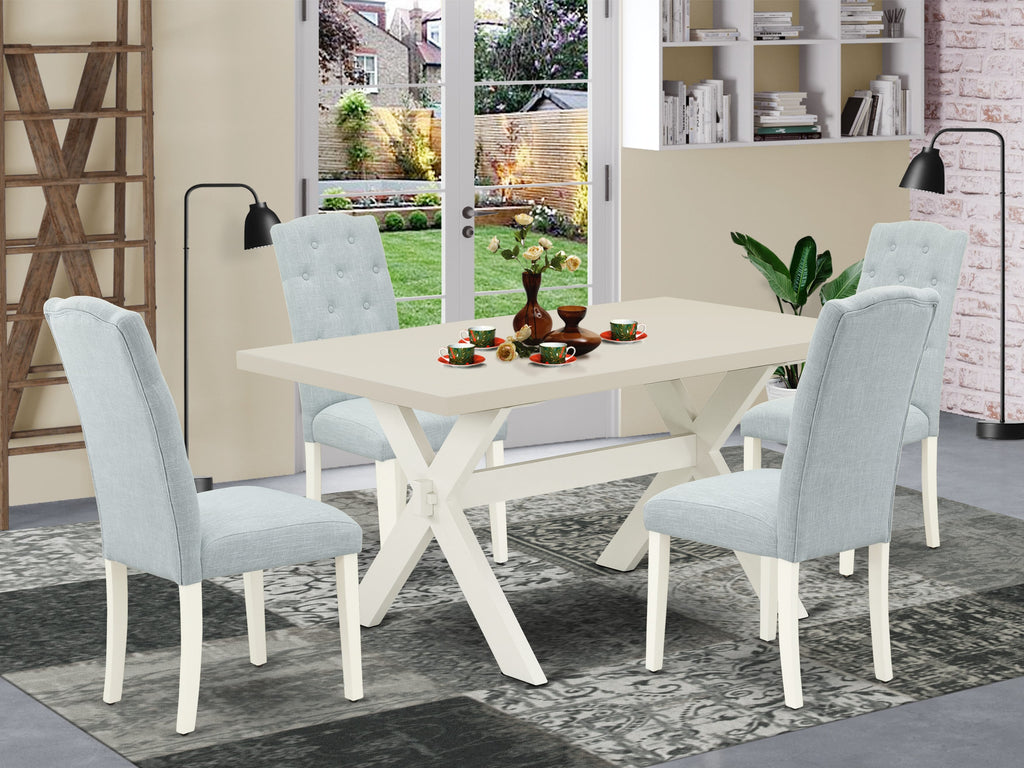 East West Furniture X026CE215-5 5 Piece Kitchen Table Set for 4 Includes a Rectangle Dining Room Table with X-Legs and 4 Baby Blue Linen Fabric Upholstered Chairs, 36x60 Inch, Multi-Color