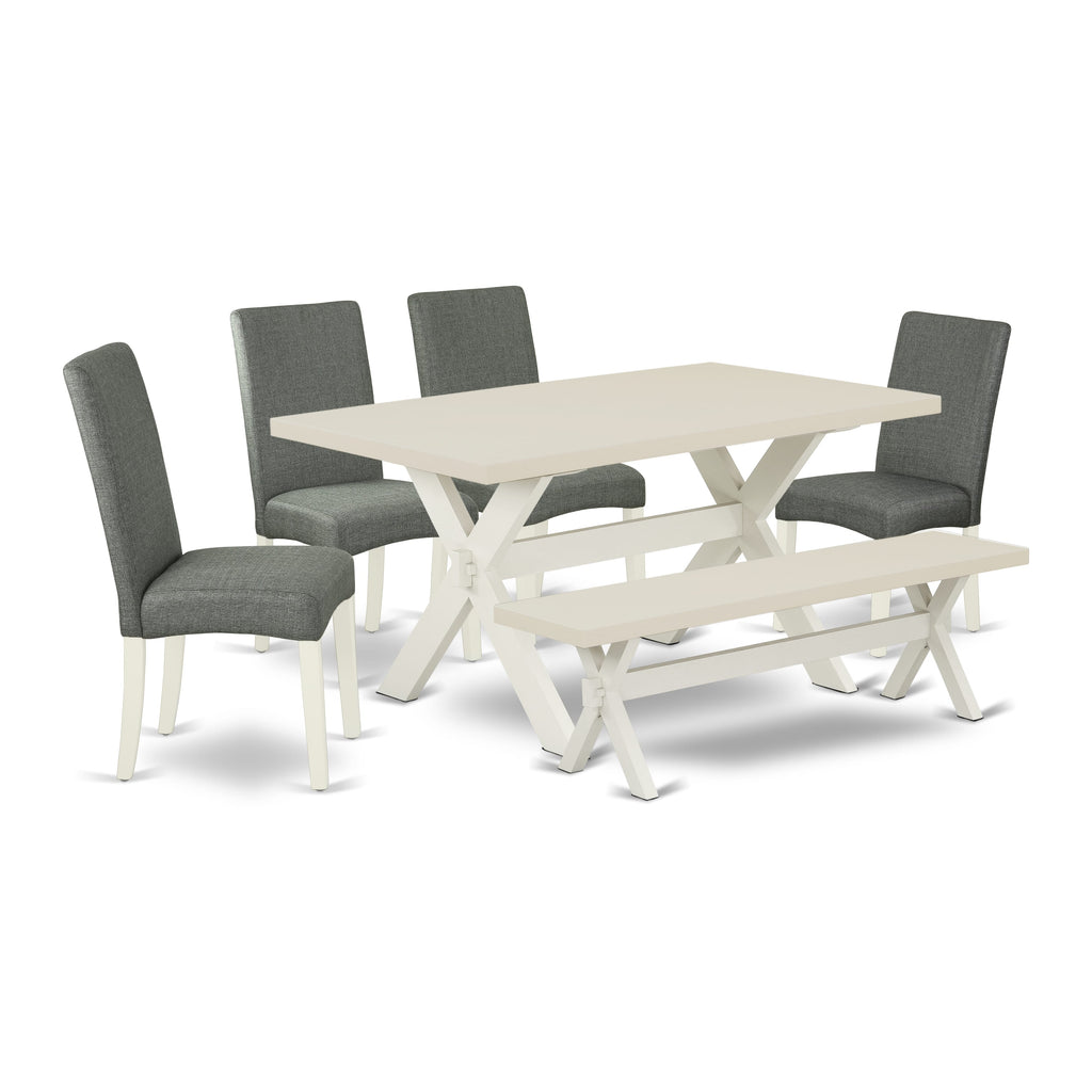 East West Furniture X026DR207-6 6-Pc Kitchen Dinette Set-Gray Smoke Linen Fabric Seat and Stylish Chair Back Kitchen chairs, a Rectangular Bench and Rectangular Top Modern Dining Table with Wood Legs - Linen White and Linen White Finish