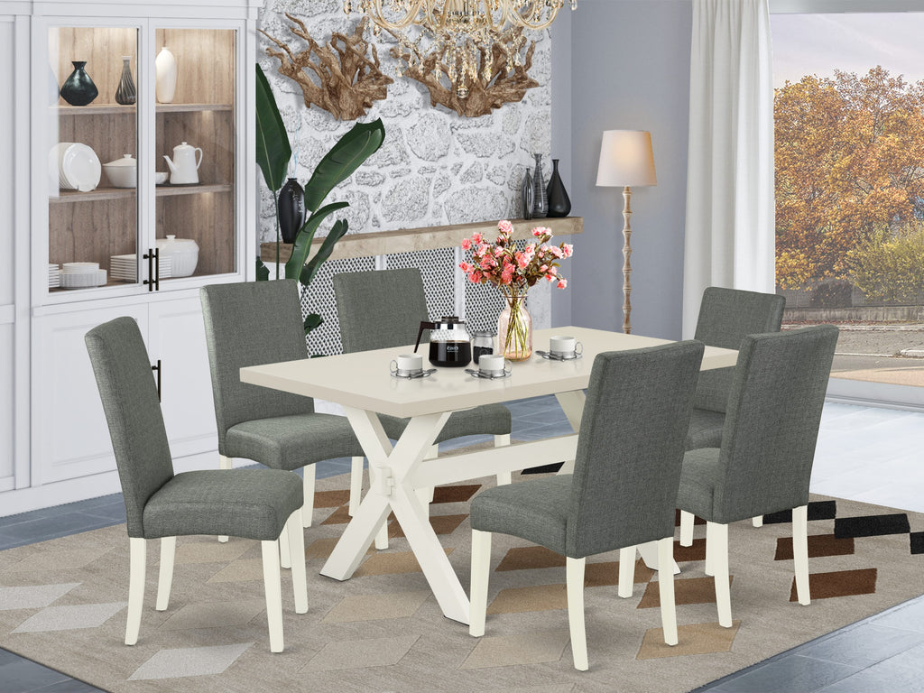 East West Furniture X026DR207-7 7 Piece Modern Dining Table Set Consist of a Rectangle Dining Room Table with X-Legs and 6 Gray Linen Fabric Upholstered Chairs, 36x60 Inch, Multi-Color