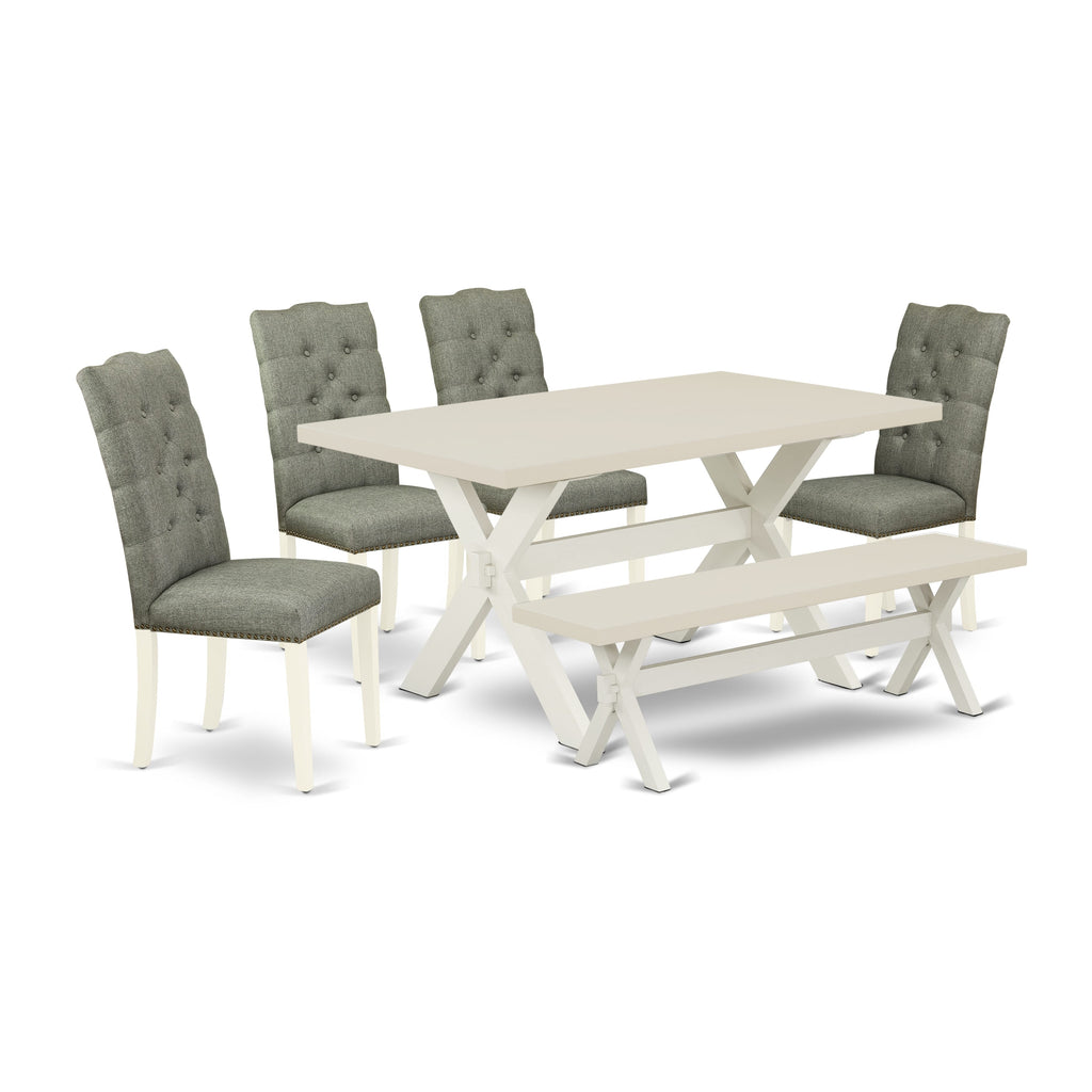 East West Furniture X026EL207-6 6 Piece Dining Room Table Set Contains a Rectangle Kitchen Table with X-Legs and 4 Gray Linen Fabric Parson Chairs with a Bench, 36x60 Inch, Multi-Color