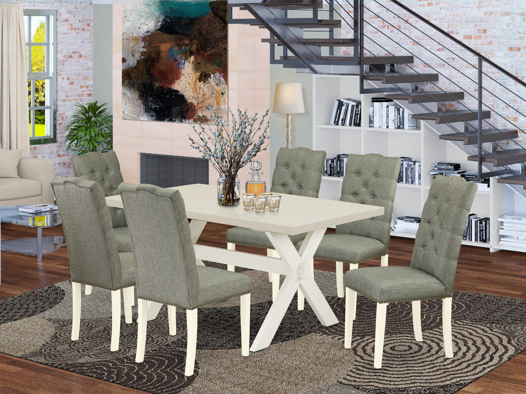 East West Furniture X026EL207-7 7 Piece Dining Table Set Consist of a Rectangle Dining Room Table with X-Legs and 6 Gray Linen Fabric Upholstered Chairs, 36x60 Inch, Multi-Color