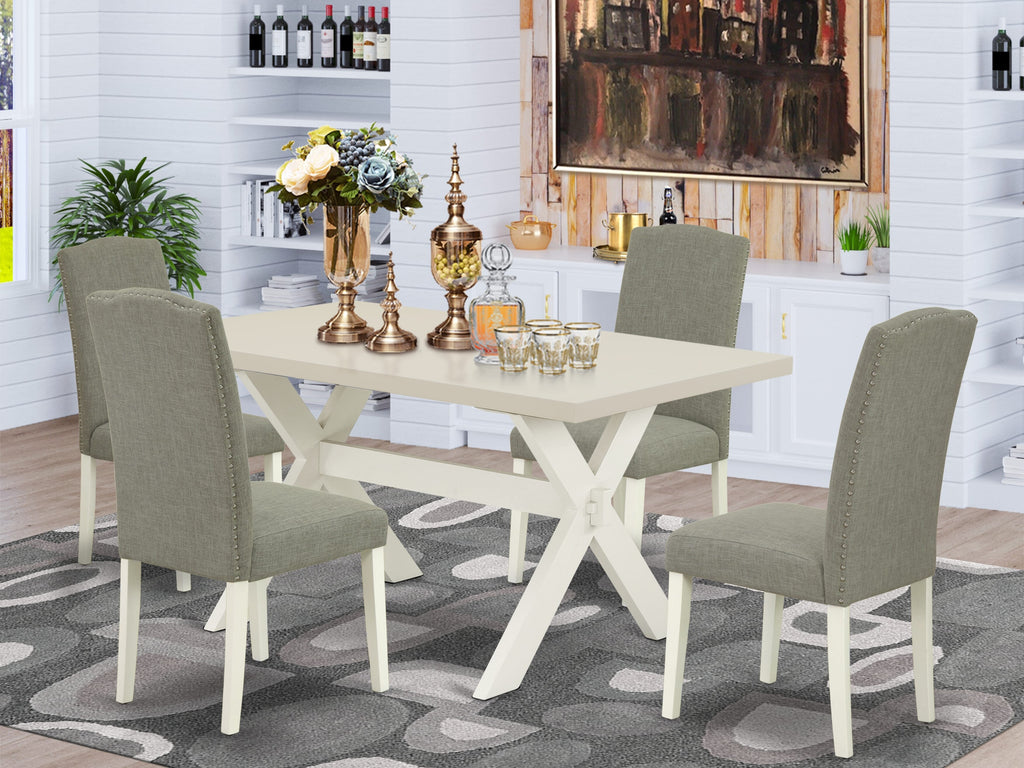 East West Furniture X026EN206-5 5 Piece Dinette Set Includes a Rectangle Dining Table with X-Legs and 4 Dark Shitake Linen Fabric Parson Dining Room Chairs, 36x60 Inch, Multi-Color