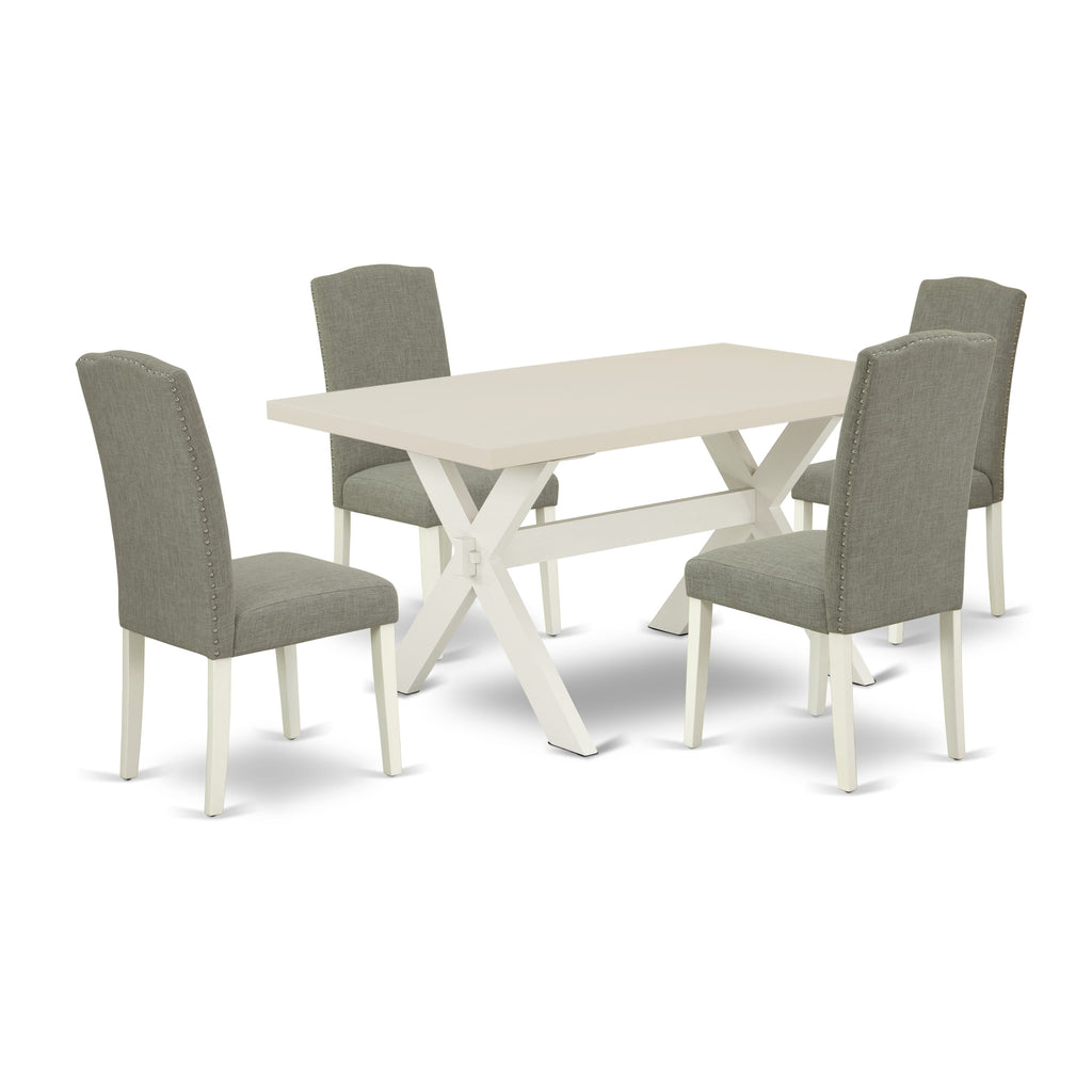East West Furniture X026EN206-5 5 Piece Dinette Set Includes a Rectangle Dining Table with X-Legs and 4 Dark Shitake Linen Fabric Parson Dining Room Chairs, 36x60 Inch, Multi-Color