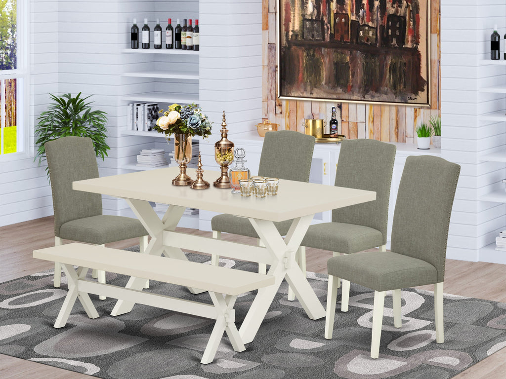 East West Furniture X026EN206-6 6-Piece Dining room Table Set-Dark Shitake Linen Fabric Seat and Stylish Chair Back Dining chairs, a Rectangular Bench and Rectangular Top dining table with Hardwood Legs - Linen White and Linen White Finish