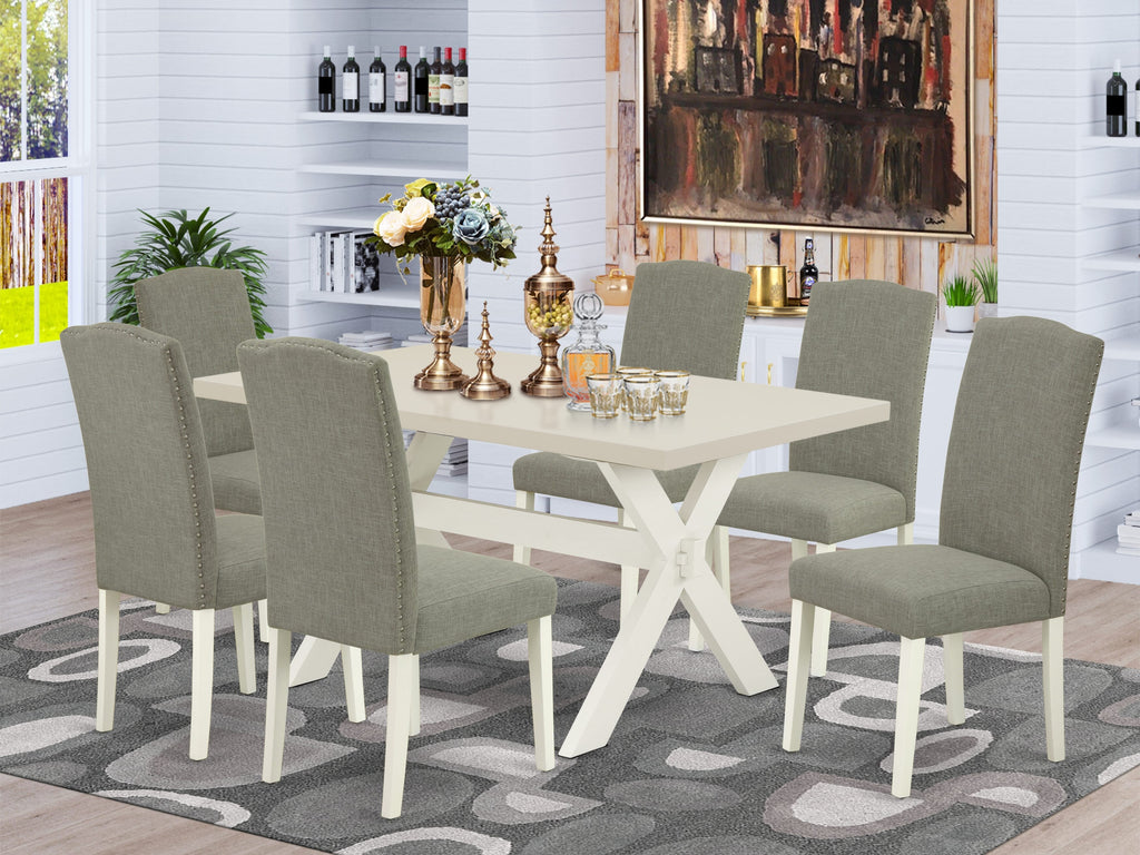 East West Furniture X026EN206-7 7 Piece Dining Table Set Consist of a Rectangle Kitchen Table with X-Legs and 6 Dark Shitake Linen Fabric Upholstered Chairs, 36x60 Inch, Multi-Color
