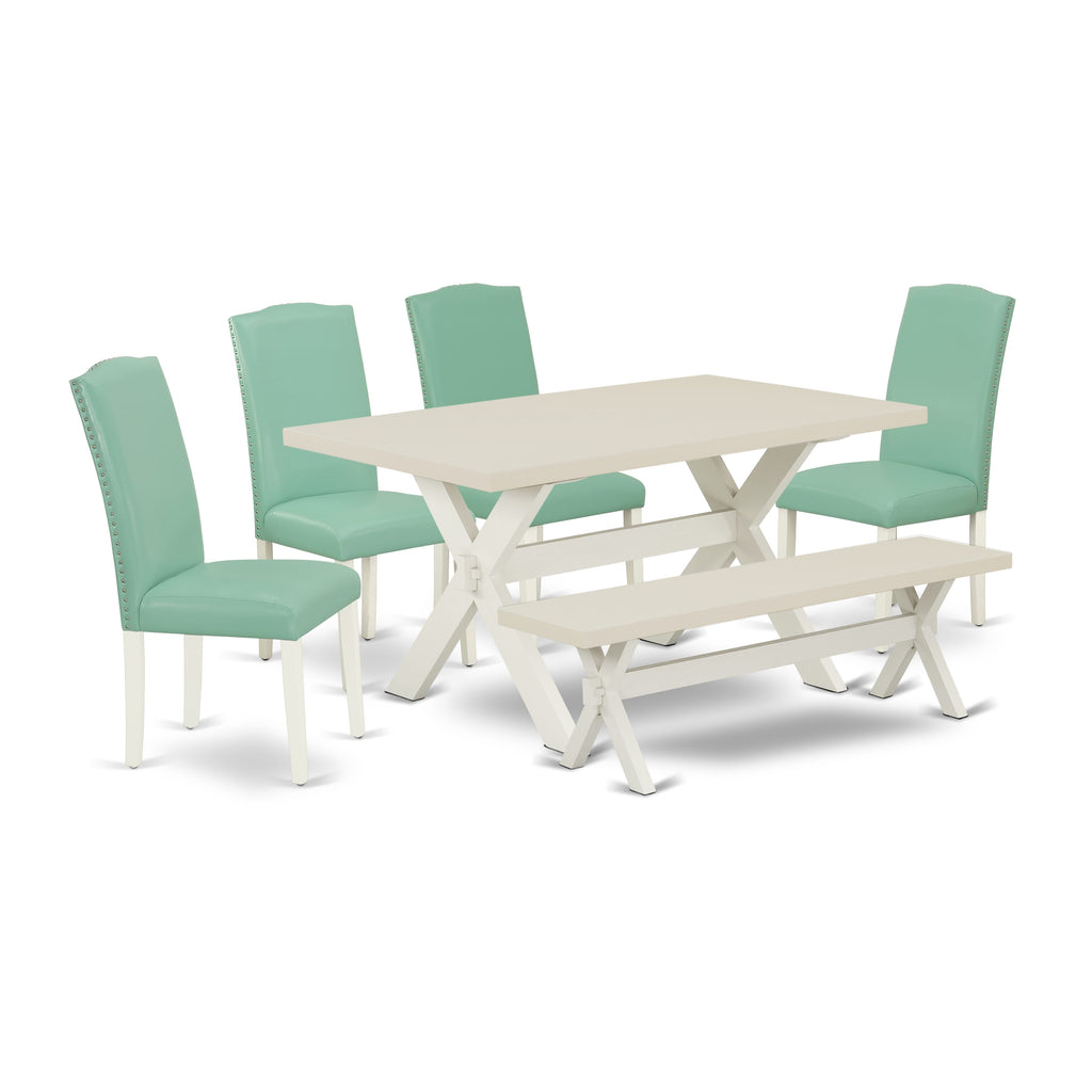 East West Furniture X026EN257-6 6-Piece Wood Dining Table Set-Pond Linen Fabric Seat and Button Tufted Chair Back Kitchen chairs, A Rectangular Bench and Rectangular Top dining room table with Wooden Legs - Linen white and Linen white Finish
