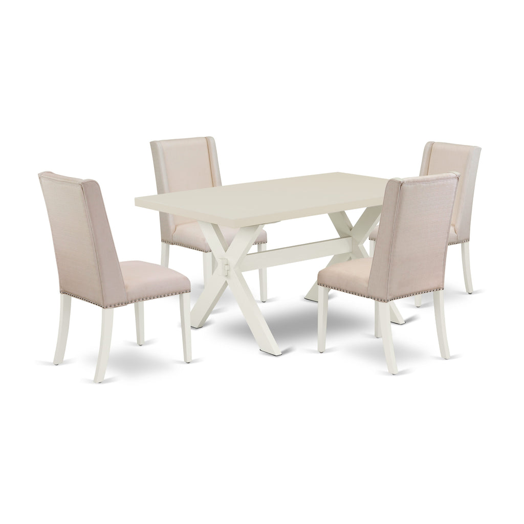 East West Furniture X026FL201-5 5 Piece Dinette Set for 4 Includes a Rectangle Dining Room Table with X-Legs and 4 Cream Linen Fabric Parson Dining Chairs, 36x60 Inch, Multi-Color