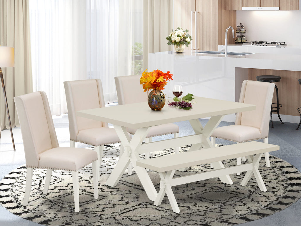 East West Furniture X026FL201-6 6 Piece Kitchen Table Set Contains a Rectangle Dining Table with X-Legs and 4 Cream Linen Fabric Parson Chairs with a Bench, 36x60 Inch, Multi-Color