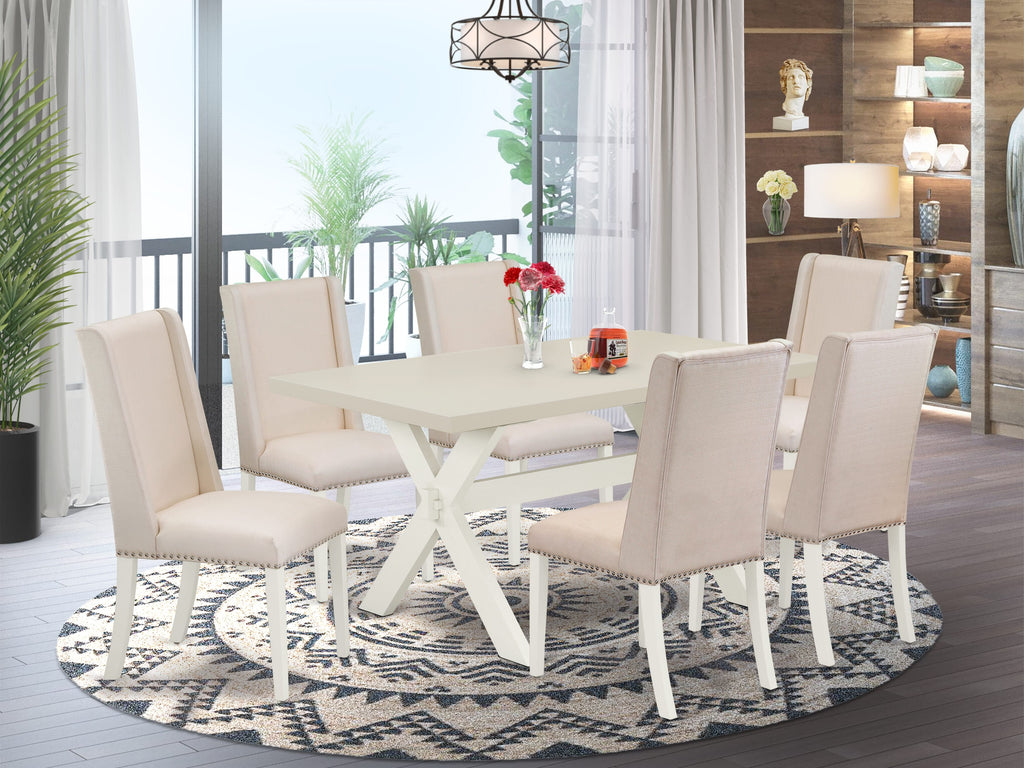 East West Furniture X026FL201-7 7 Piece Kitchen Table & Chairs Set Consist of a Rectangle Dining Room Table with X-Legs and 6 Cream Linen Fabric Upholstered Chairs, 36x60 Inch, Multi-Color