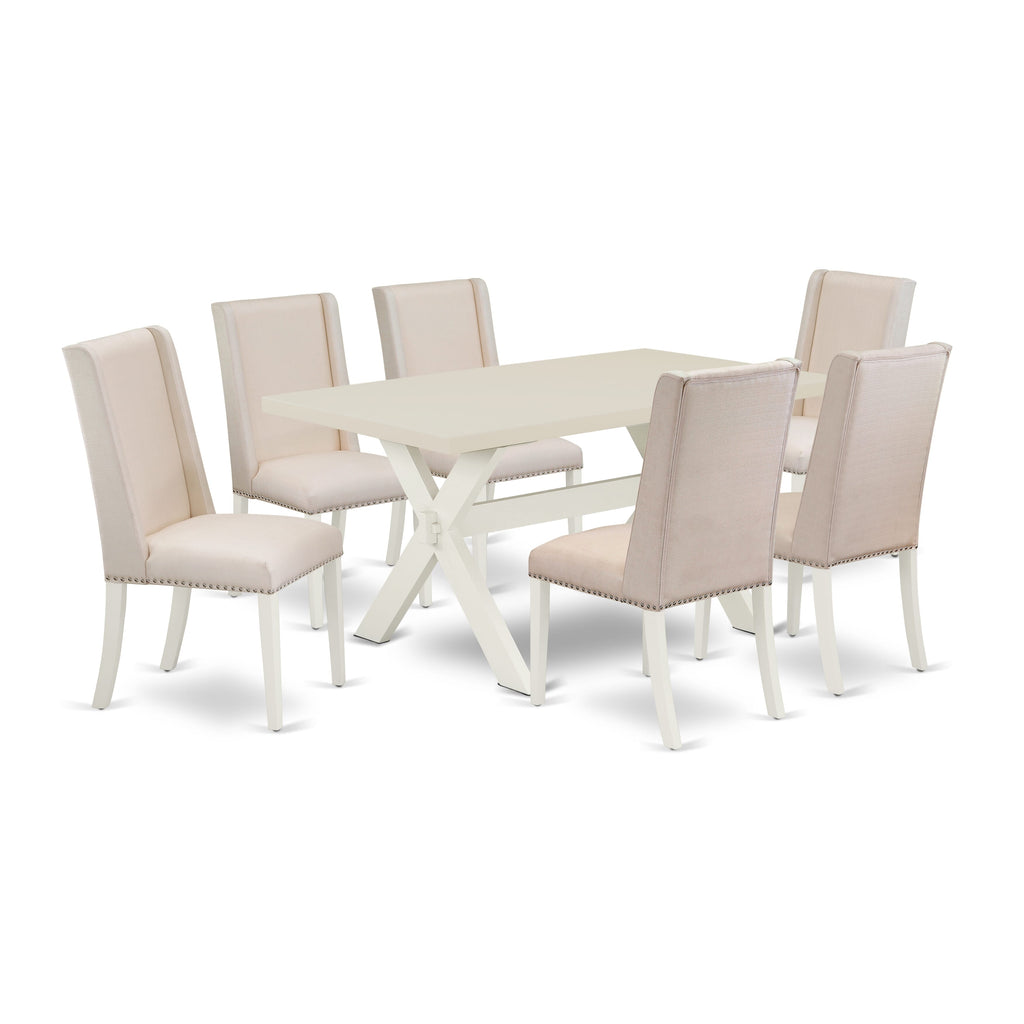 East West Furniture X026FL201-7 7 Piece Kitchen Table & Chairs Set Consist of a Rectangle Dining Room Table with X-Legs and 6 Cream Linen Fabric Upholstered Chairs, 36x60 Inch, Multi-Color