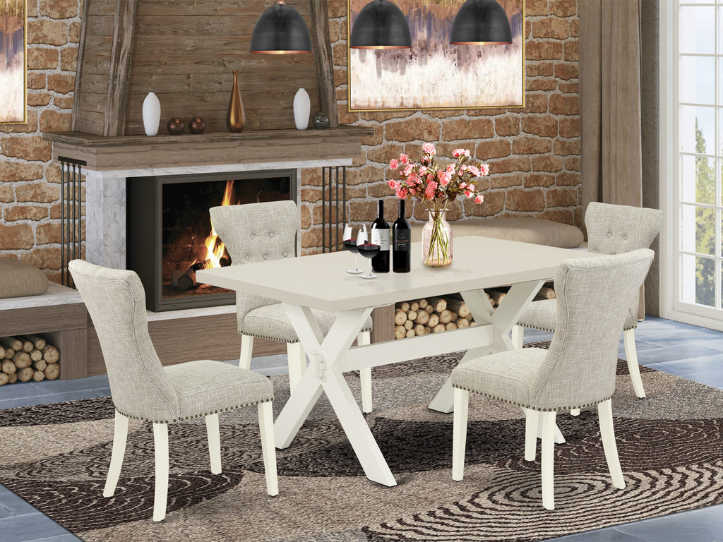 East West Furniture X026GA235-5 5-Pc Dining room Set Included 4 kitchen parson chairs Upholstered Nails Head Seat and High Button Tufted Chair Back and Rectangular Dining Table with Linen White dining table Top - Linen White Finish