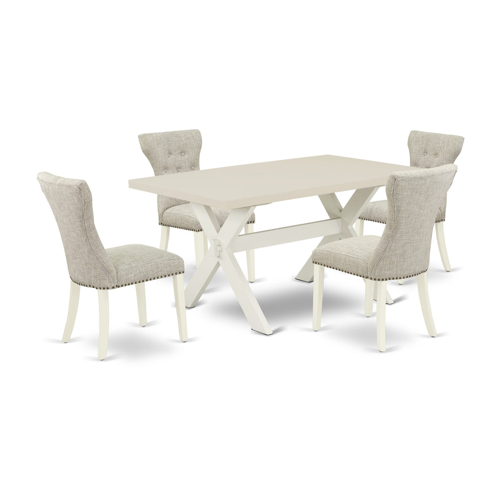 East West Furniture X026GA235-5 5-Pc Dining room Set Included 4 kitchen parson chairs Upholstered Nails Head Seat and High Button Tufted Chair Back and Rectangular Dining Table with Linen White dining table Top - Linen White Finish