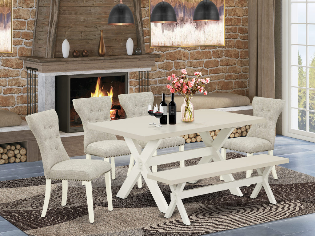 East West Furniture X026GA235-6 6-Piece Kitchen Dinette Set-Doeskin Linen Fabric Seat and Button Tufted Chair Back Parson Dining room chairs, A Rectangular Bench and Rectangular Top Kitchen Table with Wooden Legs - Linen White and Linen White Finish