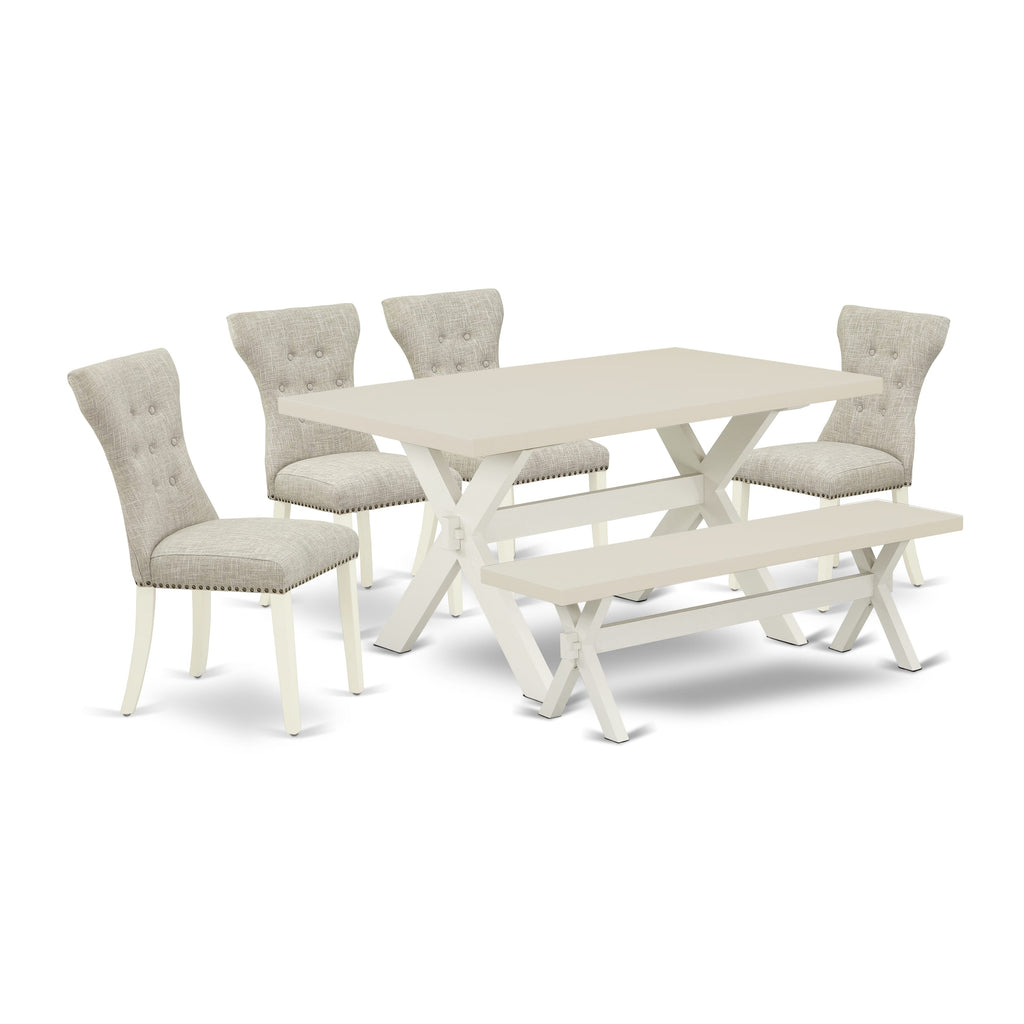 East West Furniture X026GA235-6 6-Piece Kitchen Dinette Set-Doeskin Linen Fabric Seat and Button Tufted Chair Back Parson Dining room chairs, A Rectangular Bench and Rectangular Top Kitchen Table with Wooden Legs - Linen White and Linen White Finish