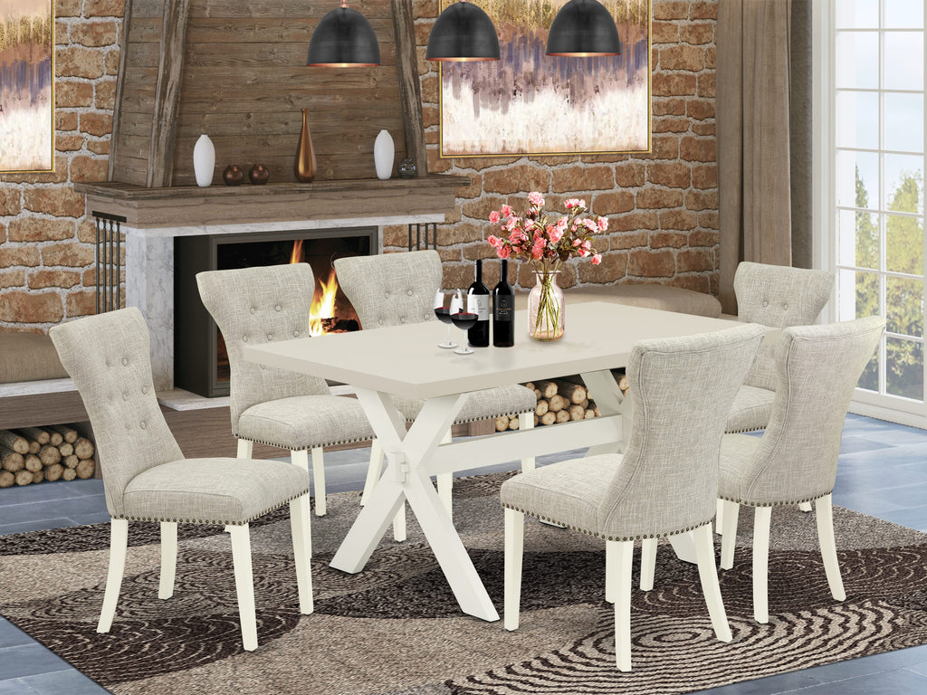 East West Furniture X026GA235-7 7 Piece Dinette Set Consist of a Rectangle Dining Room Table with X-Legs and 6 Doeskin Linen Fabric Upholstered Parson Chairs, 36x60 Inch, Multi-Color