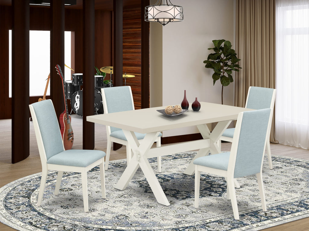East West Furniture X026LA015-5 5Pc Dining Table set Contains a Wood Dining Table and 4 Parsons Dining Chairs with Baby Blue Color Linen Fabric, Medium Size Table with Full Back Chairs, Wirebrushed Linen White Finish
