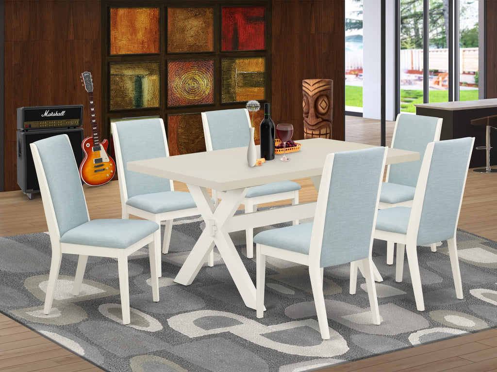 East West Furniture X026LA015-7 7Pc Dinette Set Includes a Wood Table and 6 Upholstered Dining Chairs with Baby Blue Color Linen Fabric, Medium Size Table with Full Back Chairs, Wirebrushed Linen White Finish