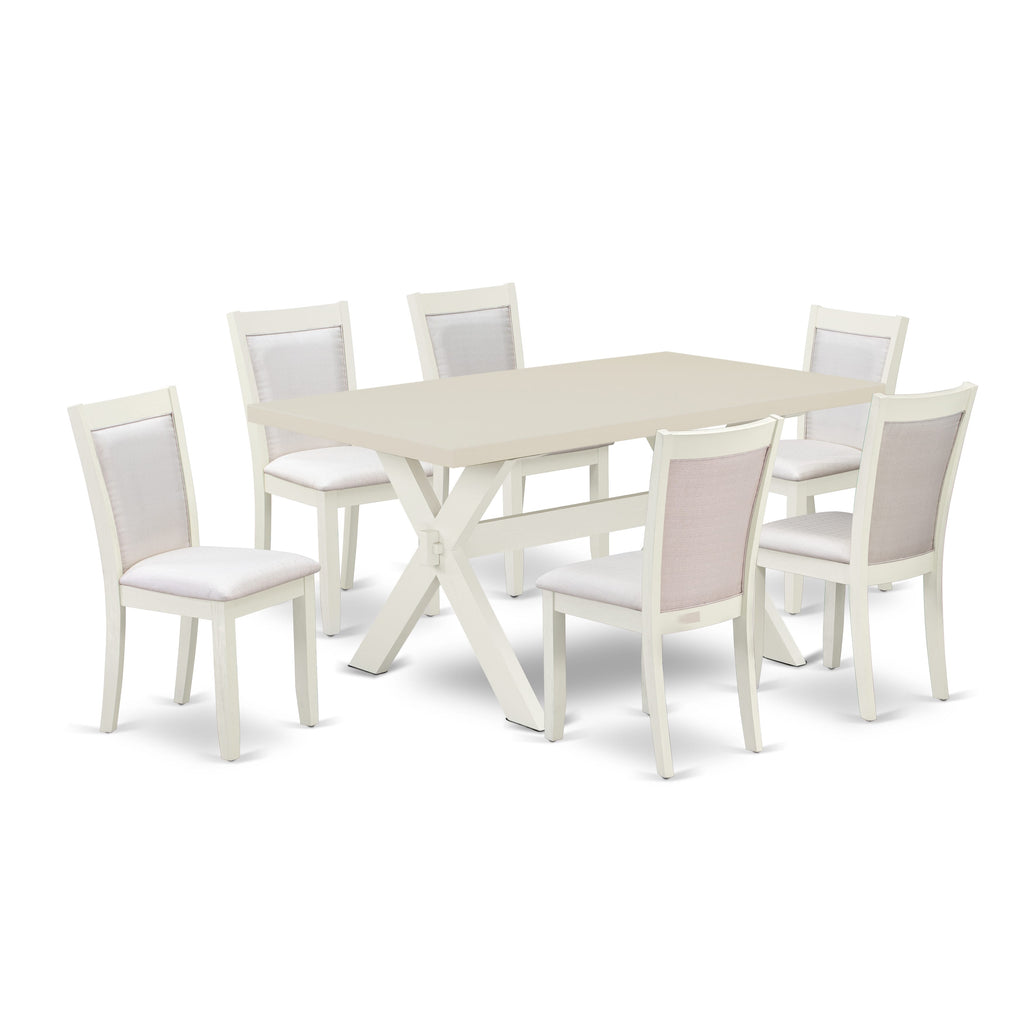 East West Furniture X026MZ001-7 7 Piece Kitchen Table Set Consist of a Rectangle Dining Table with X-Legs and 6 Cream Linen Fabric Parson Dining Chairs, 36x60 Inch, Multi-Color