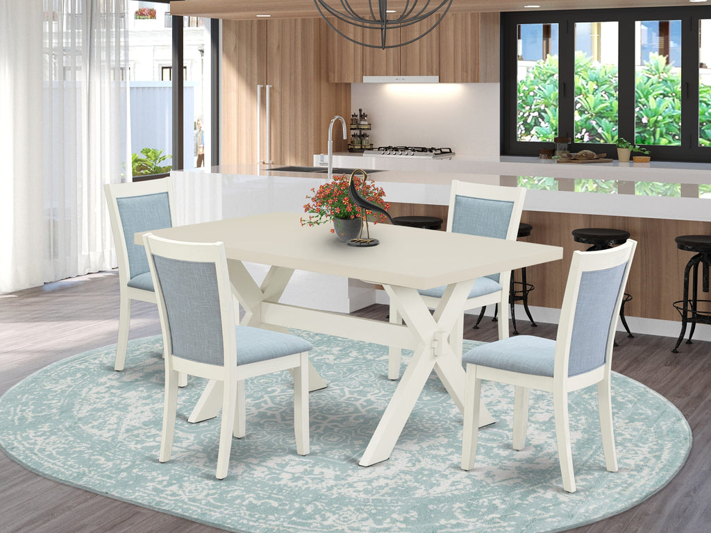 East West Furniture X026MZ015-5 5 Piece Kitchen Table Set for 4 Includes a Rectangle Dining Table with X-Legs and 4 Baby Blue Linen Fabric Parson Dining Chairs, 36x60 Inch, Multi-Color