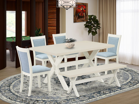 East West Furniture X026MZ015-6 6 Piece Dining Room Table Set Contains a Rectangle Kitchen Table with X-Legs and 4 Baby Blue Linen Fabric Parson Chairs with a Bench, 36x60 Inch, Multi-Color