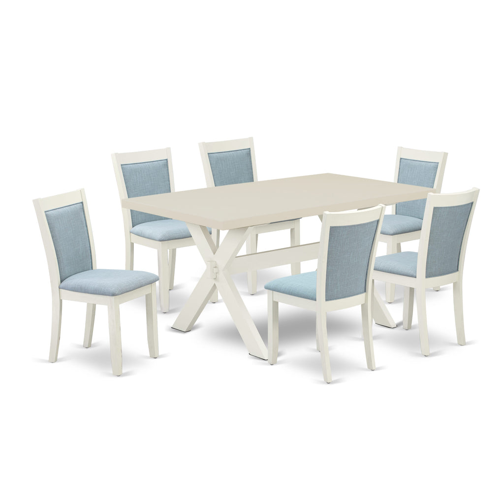 East West Furniture X026MZ015-7 7 Piece Dining Set Consist of a Rectangle Dining Room Table with X-Legs and 6 Baby Blue Linen Fabric Upholstered Parson Chairs, 36x60 Inch, Multi-Color