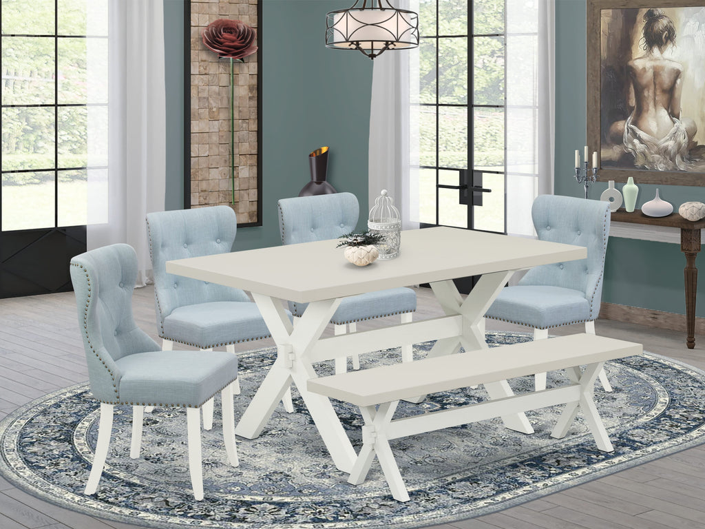 East West Furniture X026SI215-6 6 Piece Modern Dining Table Set Contains a Rectangle Wooden Table and 4 Baby Blue Linen Fabric Upholstered Chairs with a Bench, 36x60 Inch, Multi-Color