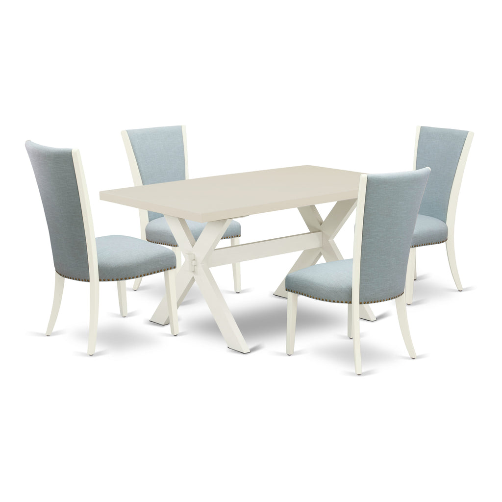 East West Furniture X026VE215-5 5 Piece Kitchen Table & Chairs Set Includes a Rectangle Dining Room Table with X-Legs and 4 Baby Blue Linen Fabric Parsons Chairs, 36x60 Inch, Multi-Color