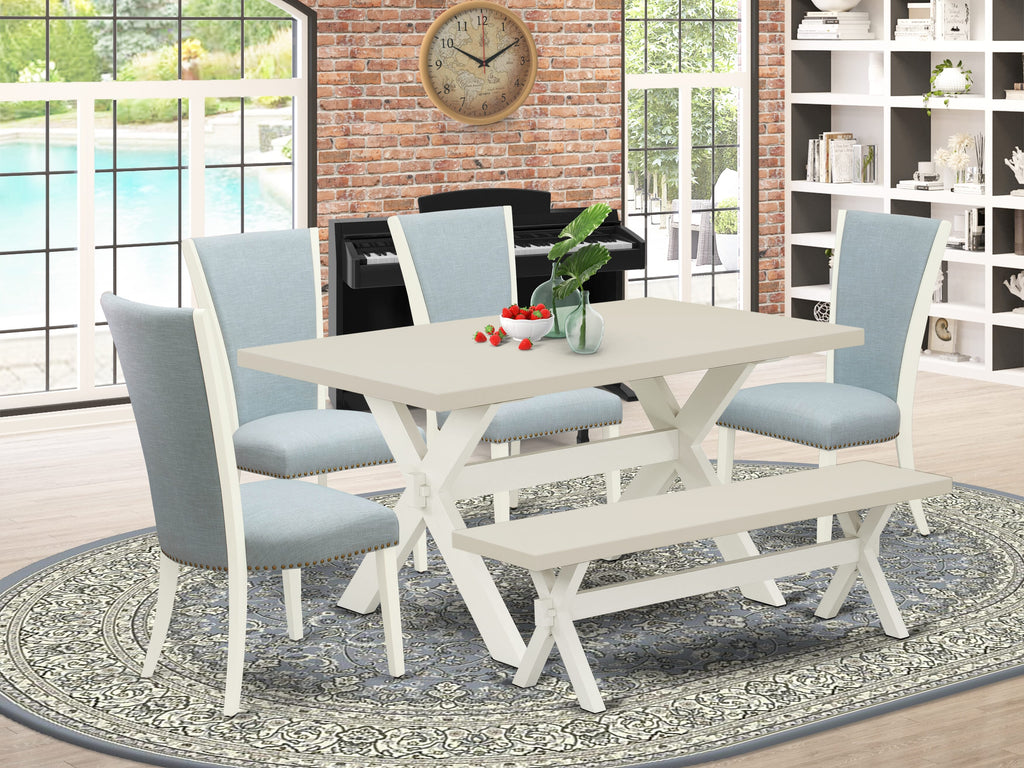 East West Furniture X026VE215-6 6 Piece Dinette Set Contains a Rectangle Dining Room Table with X-Legs and 4 Baby Blue Linen Fabric Upholstered Chairs with a Bench, 36x60 Inch, Multi-Color
