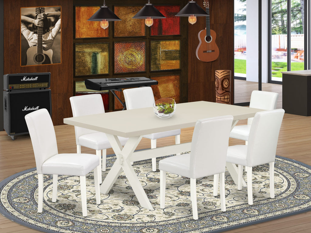 East West Furniture X027AB264-7 7 Piece Dining Set Consist of a Rectangle Dining Room Table with X-Legs and 6 White Faux Leather Upholstered Parson Chairs, 40x72 Inch, Multi-Color