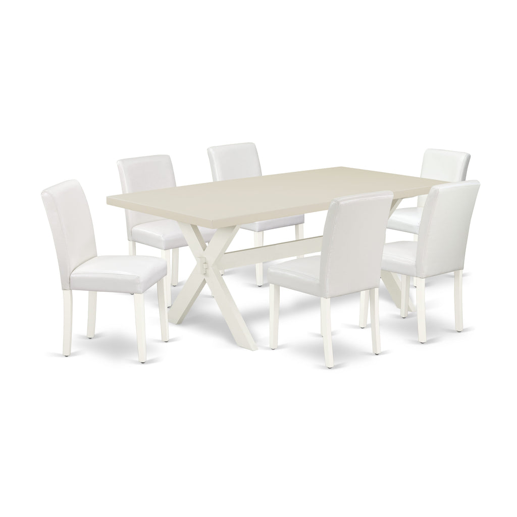 East West Furniture X027AB264-7 7 Piece Dining Set Consist of a Rectangle Dining Room Table with X-Legs and 6 White Faux Leather Upholstered Parson Chairs, 40x72 Inch, Multi-Color