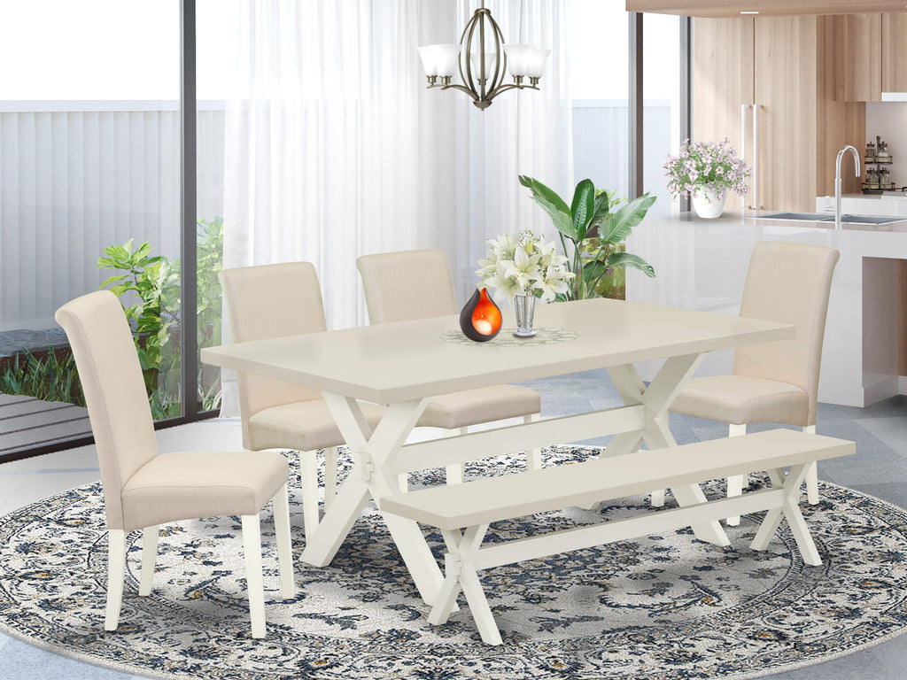 East West Furniture X027BA201-6 6 Piece Dining Room Set Contains a Rectangle Dining Table with X-Legs and 4 Cream Linen Fabric Parson Chairs with a Bench, 40x72 Inch, Multi-Color