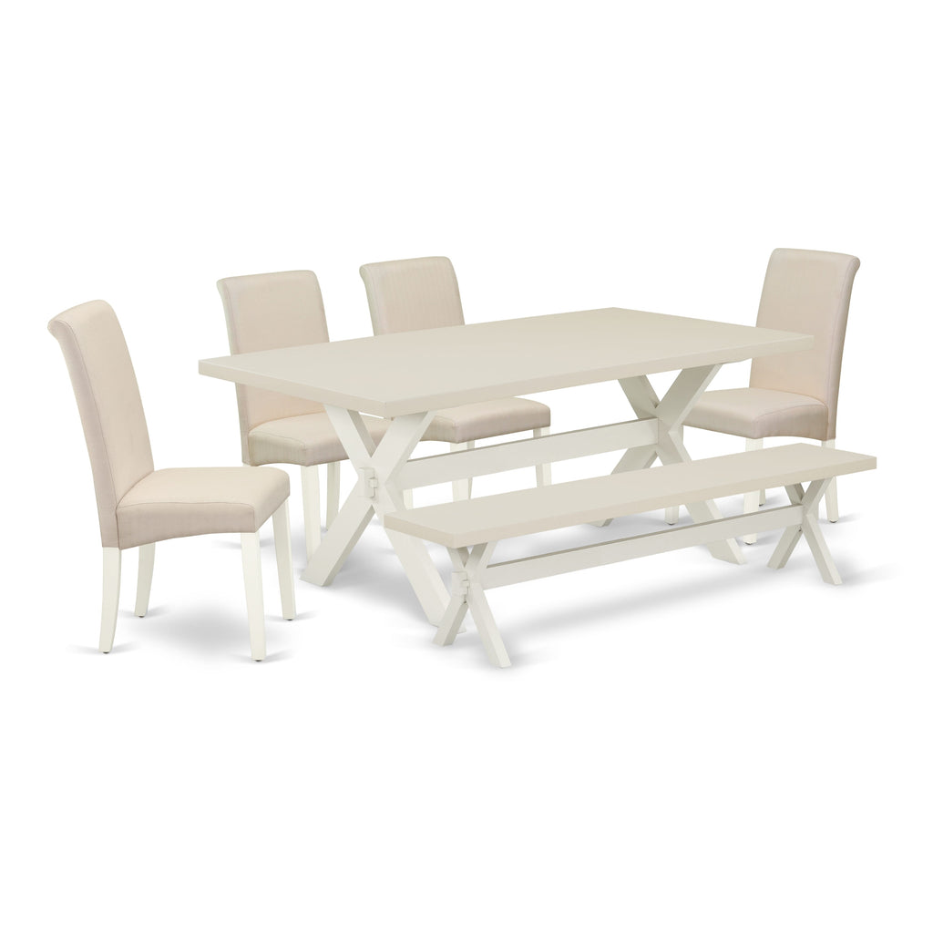 East West Furniture X027BA201-6 6 Piece Dining Room Set Contains a Rectangle Dining Table with X-Legs and 4 Cream Linen Fabric Parson Chairs with a Bench, 40x72 Inch, Multi-Color