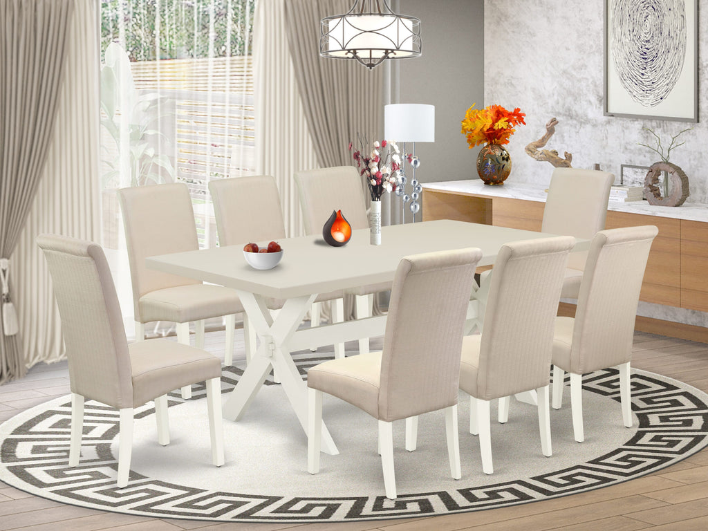 East West Furniture X027BA201-9 9 Piece Dining Room Table Set Includes a Rectangle Kitchen Table with X-Legs and 8 Cream Linen Fabric Parson Dining Chairs, 40x72 Inch, Multi-Color