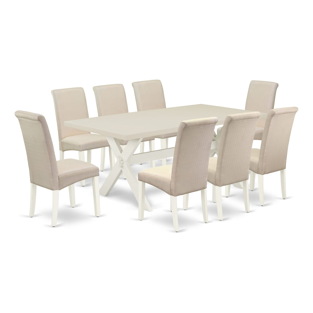 East West Furniture X027BA201-9 9 Piece Dining Room Table Set Includes a Rectangle Kitchen Table with X-Legs and 8 Cream Linen Fabric Parson Dining Chairs, 40x72 Inch, Multi-Color