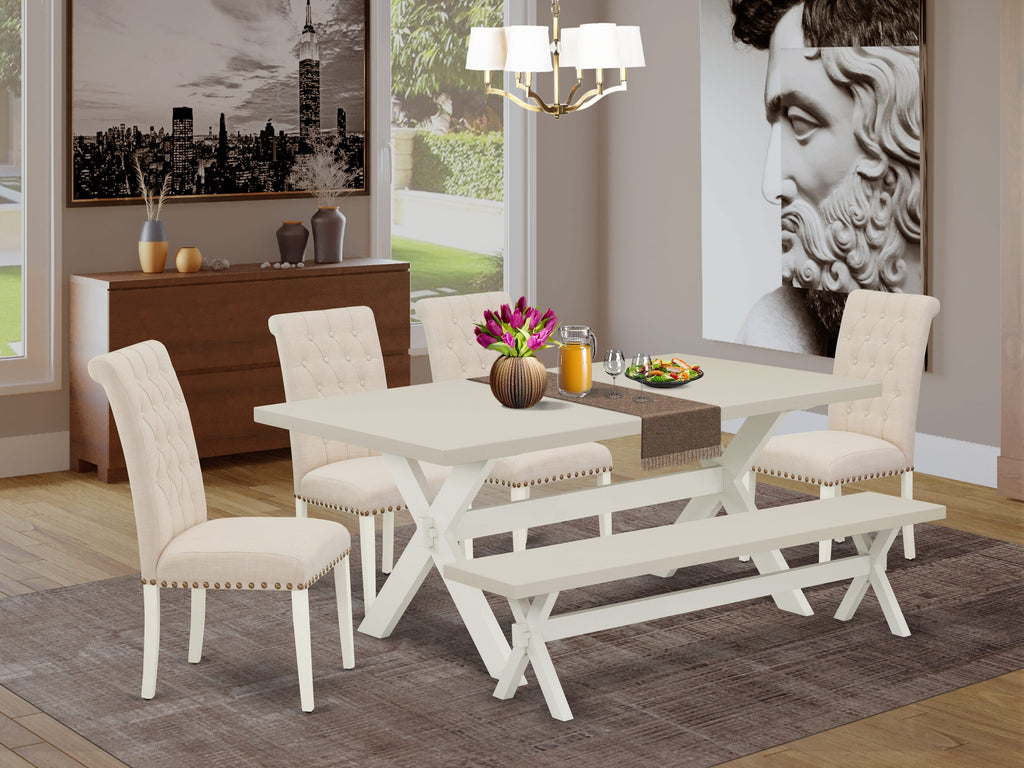 East West Furniture X027BR202-6 6 Piece Dining Table Set Contains a Rectangle Kitchen Table with X-Legs and 4 Light Beige Linen Fabric Parson Chairs with a Bench, 40x72 Inch, Multi-Color