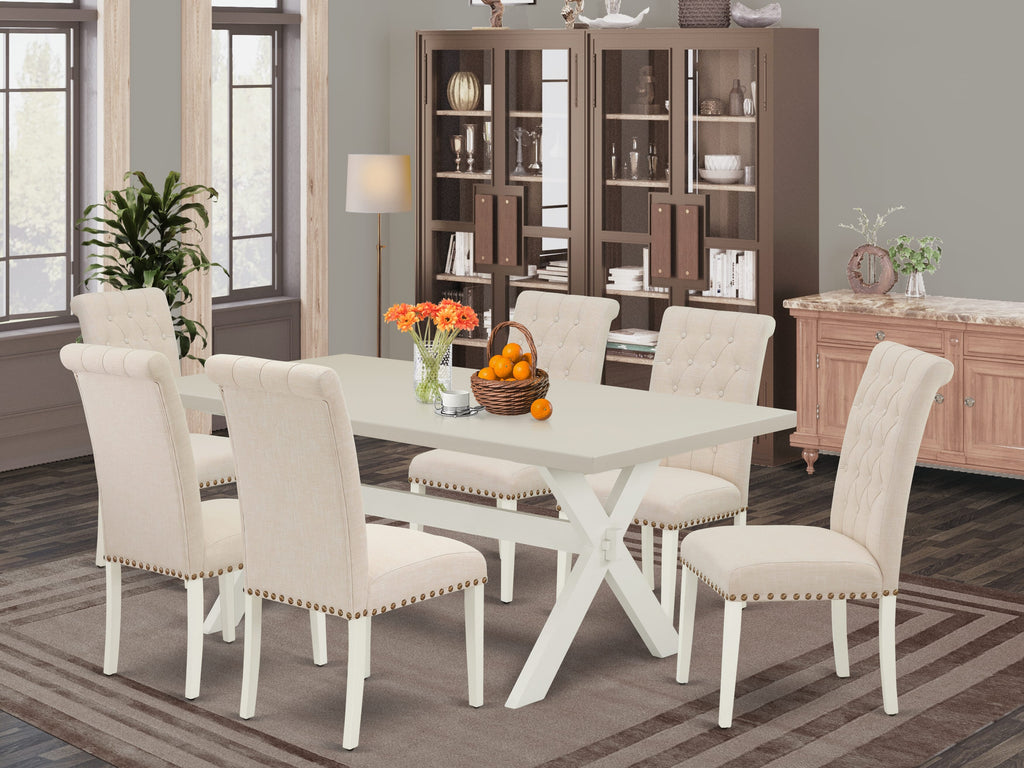 East West Furniture X027BR202-7 7 Piece Kitchen Table Set Consist of a Rectangle Dining Table with X-Legs and 6 Light Beige Linen Fabric Parson Dining Chairs, 40x72 Inch, Multi-Color