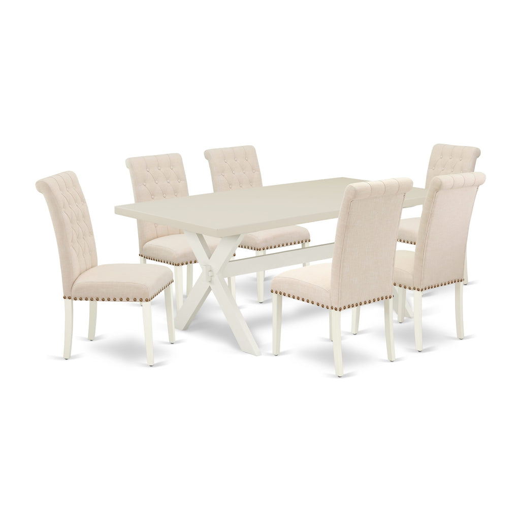 East West Furniture X027BR202-7 7 Piece Kitchen Table Set Consist of a Rectangle Dining Table with X-Legs and 6 Light Beige Linen Fabric Parson Dining Chairs, 40x72 Inch, Multi-Color