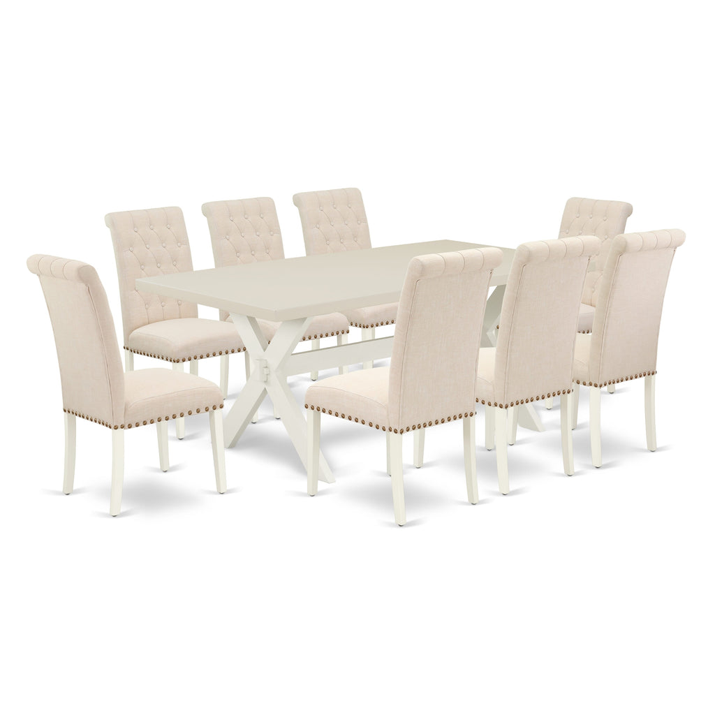 East West Furniture X027BR202-9 9 Piece Dining Room Furniture Set Includes a Rectangle Dining Table with X-Legs and 8 Light Beige Linen Fabric Upholstered Chairs, 40x72 Inch, Multi-Color