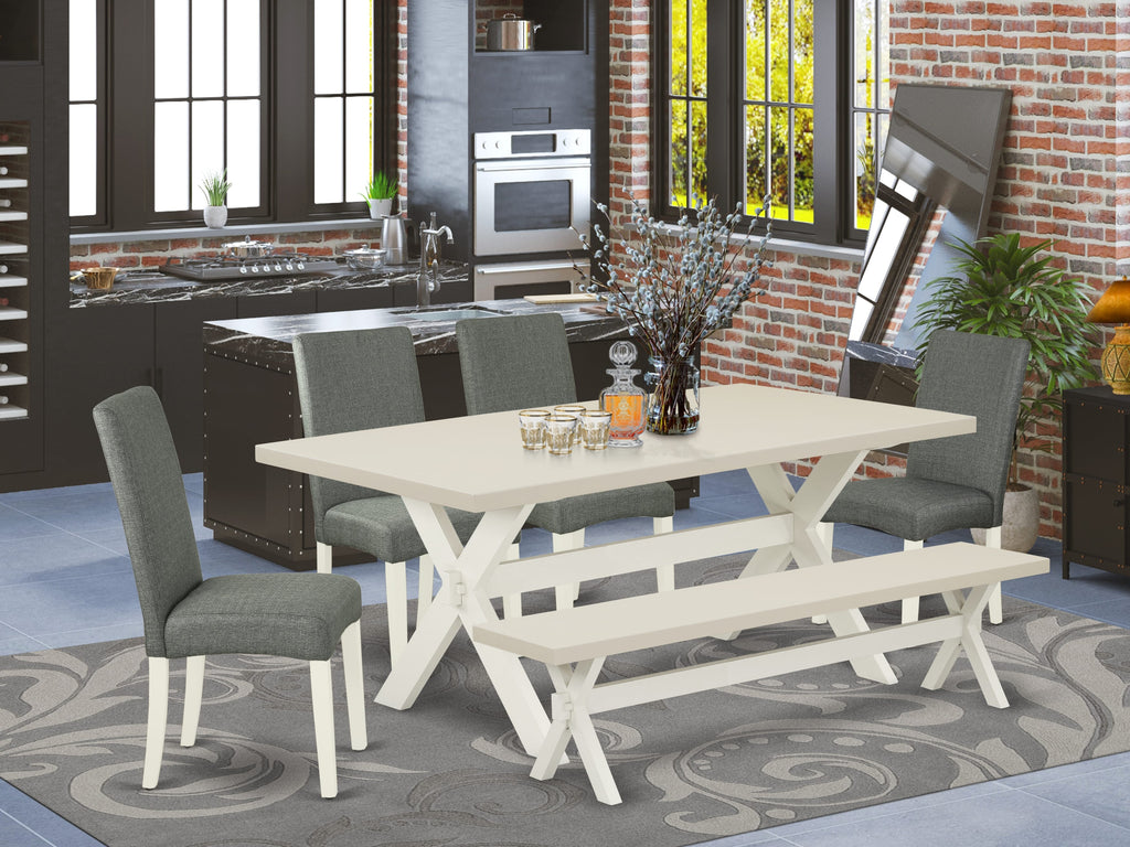 East West Furniture X027DR207-6 6 Piece Dining Set Contains a Rectangle Dining Room Table with X-Legs and 4 Gray Linen Fabric Upholstered Chairs with a Bench, 40x72 Inch, Multi-Color