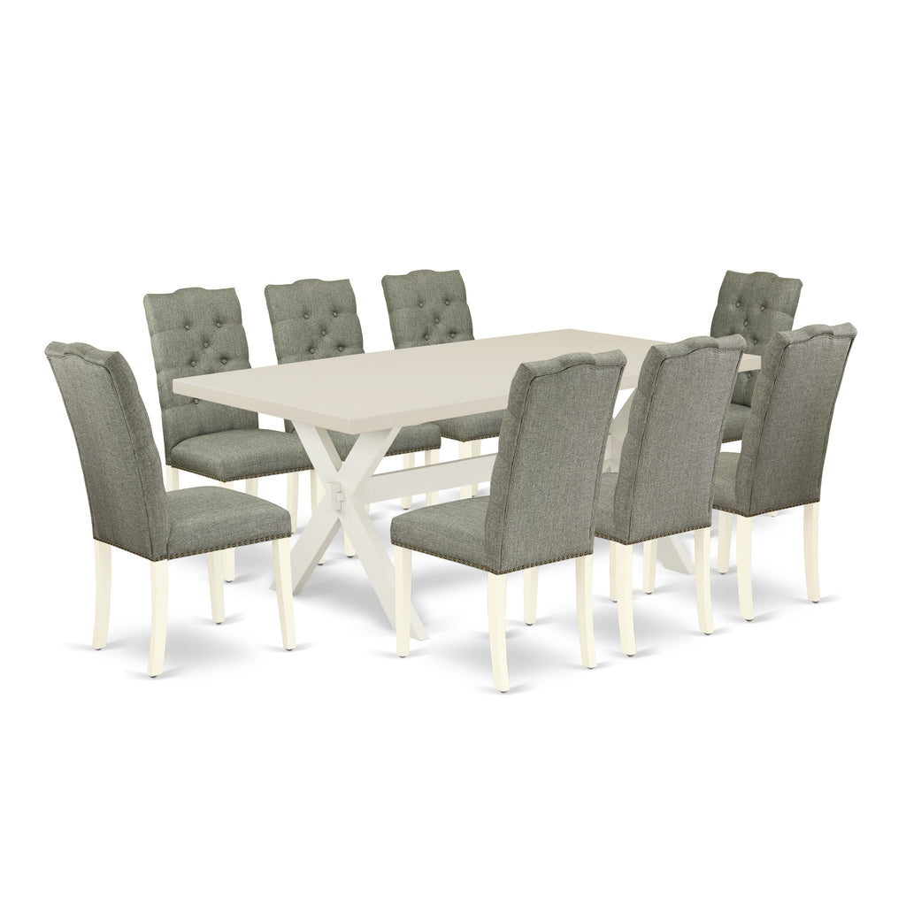 East West Furniture X027EL207-9 9 Piece Kitchen Table & Chairs Set Includes a Rectangle Dining Room Table with X-Legs and 8 Gray Linen Fabric Parson Dining Chairs, 40x72 Inch, Multi-Color
