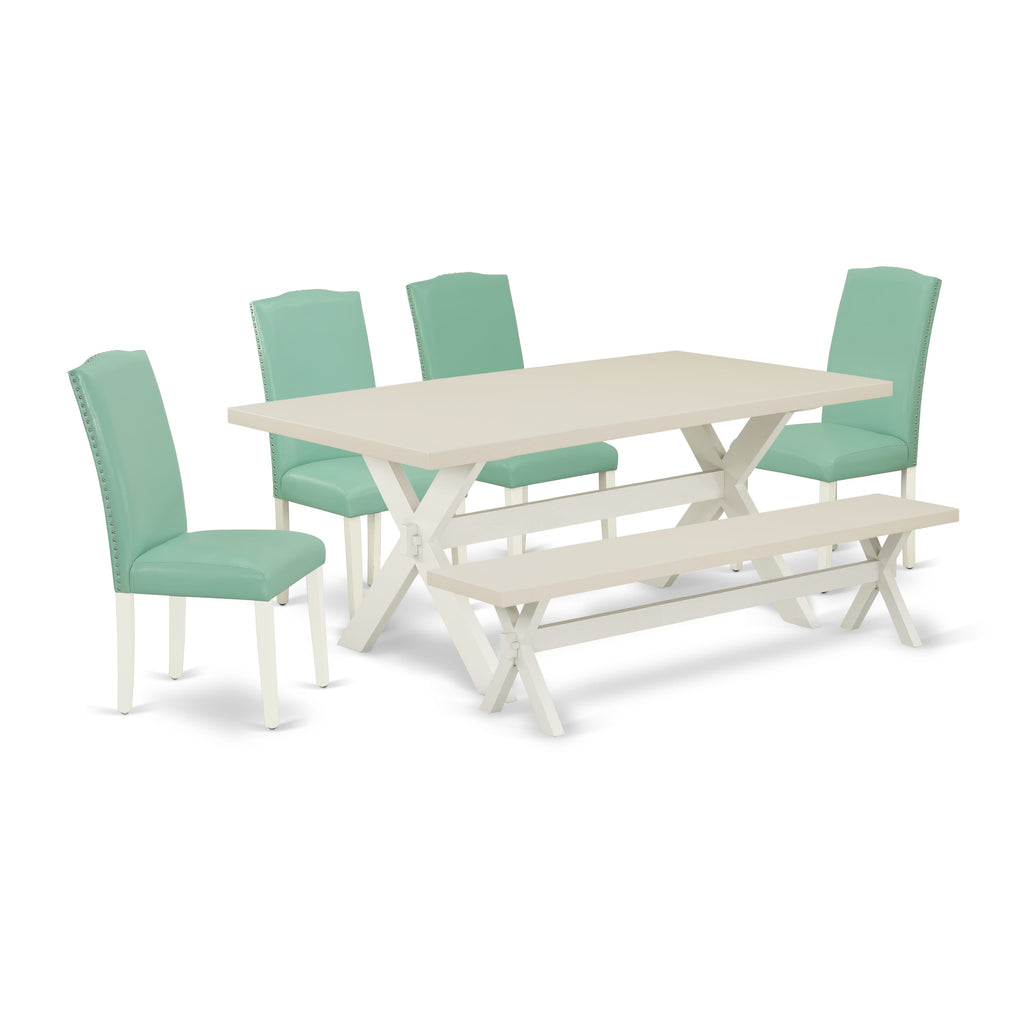 East West Furniture X027EN257-6 6 Piece Kitchen Table & Chairs Set Contains a Rectangle Wooden Table and 4 Pond Faux Leather Parson Chairs with a Bench, 40x72 Inch, Multi-Color
