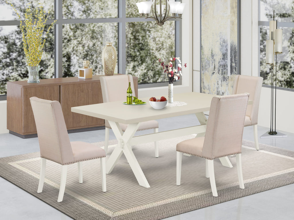 East West Furniture X027FL201-5 5 Piece Kitchen Table & Chairs Set Includes a Rectangle Dining Room Table with X-Legs and 4 Cream Linen Fabric Upholstered Chairs, 40x72 Inch, Multi-Color