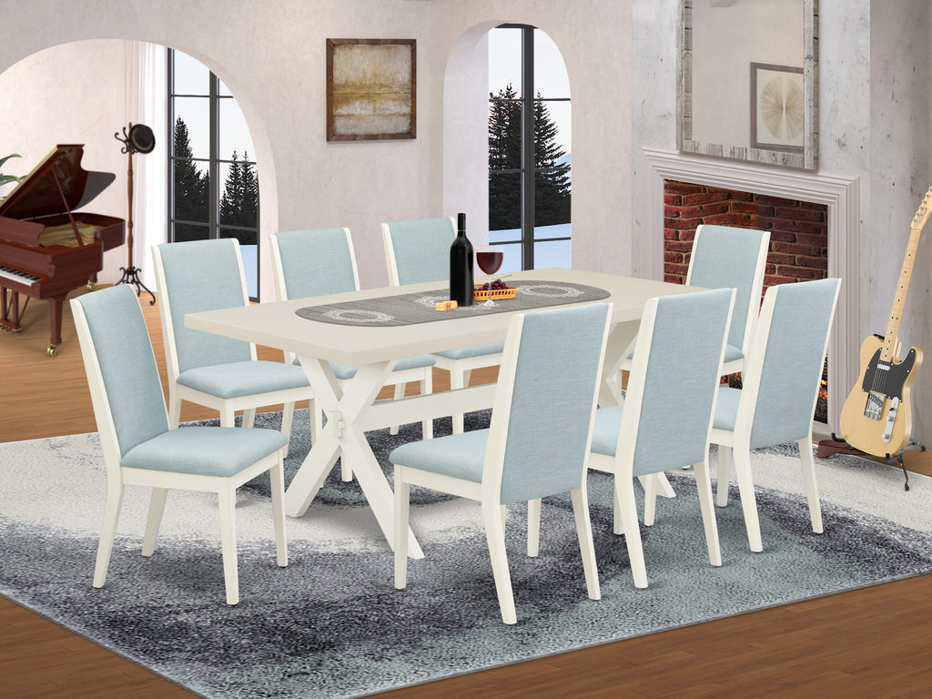 East West Furniture X027LA015-9 9 Piece Dining Set Includes a Rectangle Dining Room Table with X-Legs and 8 Baby Blue Linen Fabric Upholstered Parson Chairs, 40x72 Inch, Multi-Color