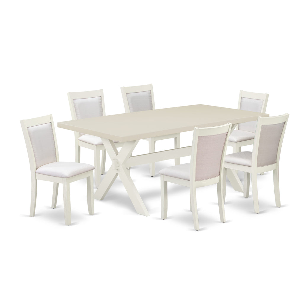 East West Furniture X027MZ001-7 7 Piece Modern Dining Table Set Consist of a Rectangle Wooden Table with X-Legs and 6 Cream Linen Fabric Parson Dining Chairs, 40x72 Inch, Multi-Color