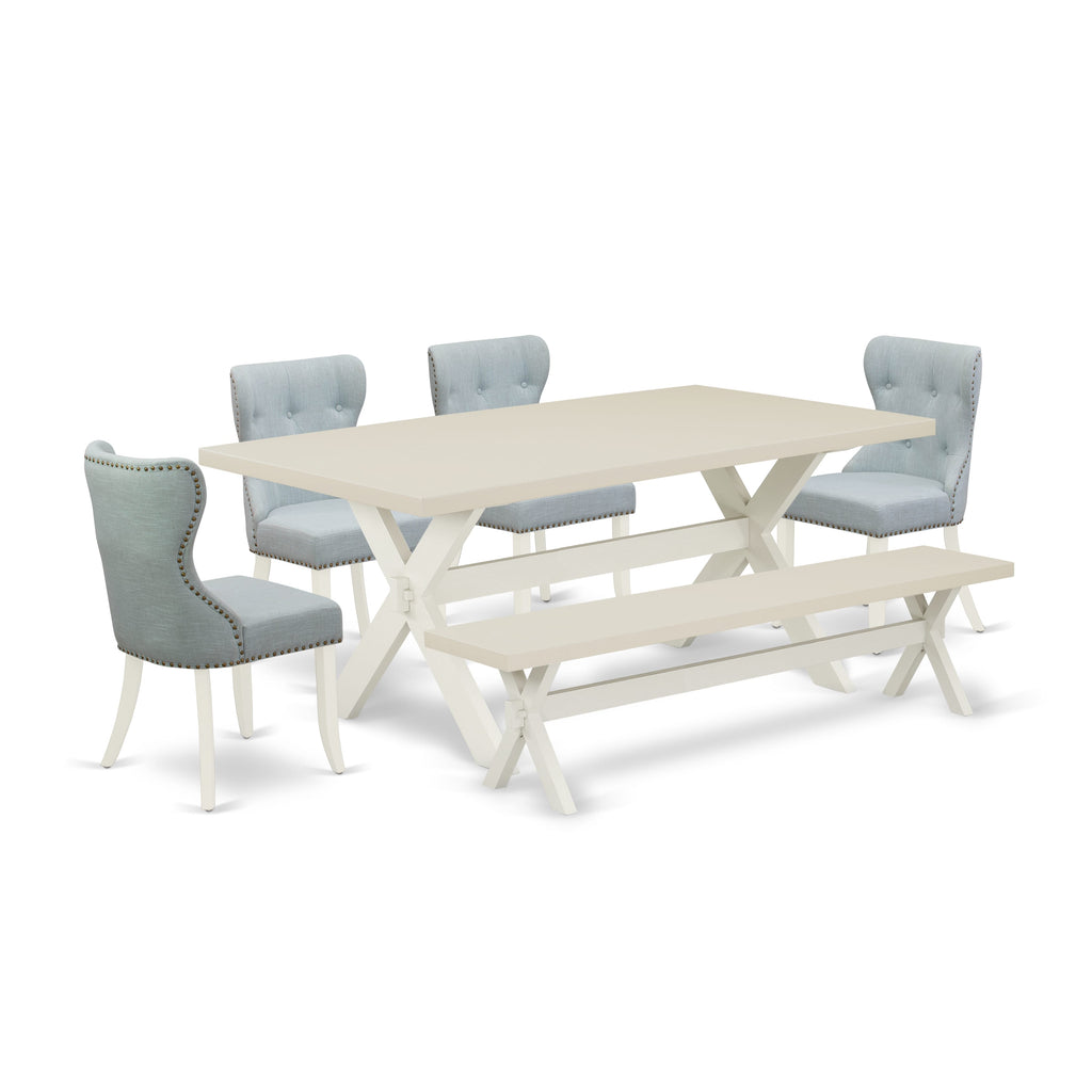 East West Furniture X027SI215-6 6 Piece Kitchen Table Set Contains a Rectangle Dining Table with X-Legs and 4 Baby Blue Linen Fabric Upholstered Chairs with a Bench, 40x72 Inch, Multi-Color