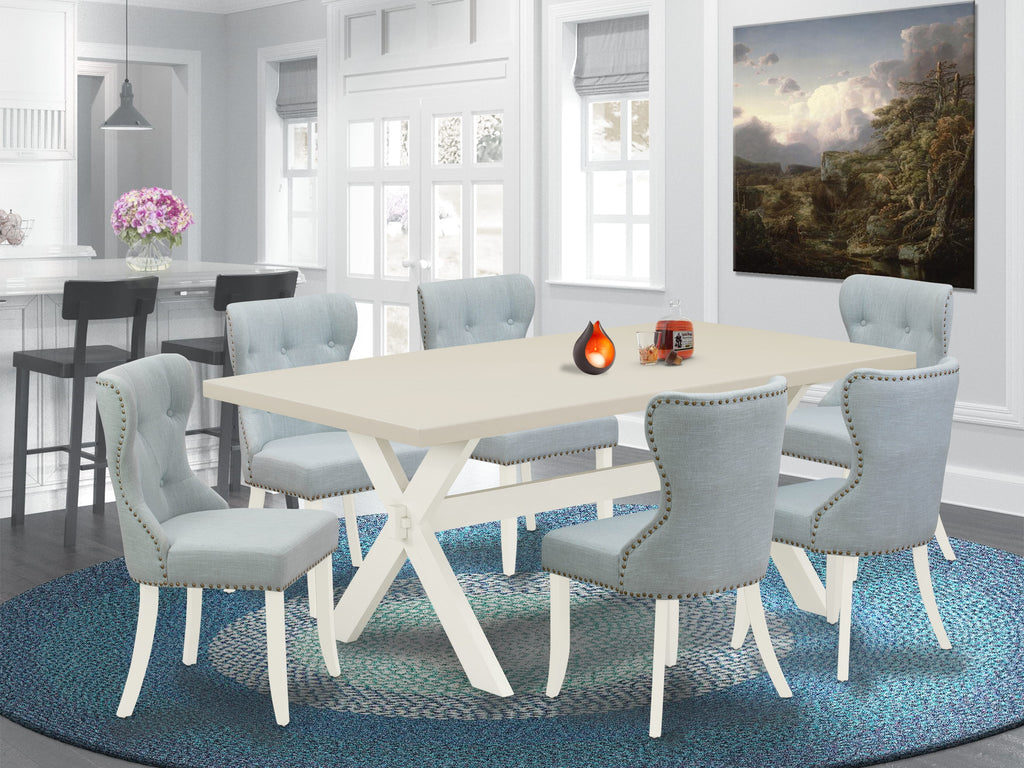 East West Furniture X027SI215-7 7 Piece Dining Table Set Consist of a Rectangle Kitchen Table with X-Legs and 6 Baby Blue Linen Fabric Parson Dining Room Chairs, 40x72 Inch, Multi-Color