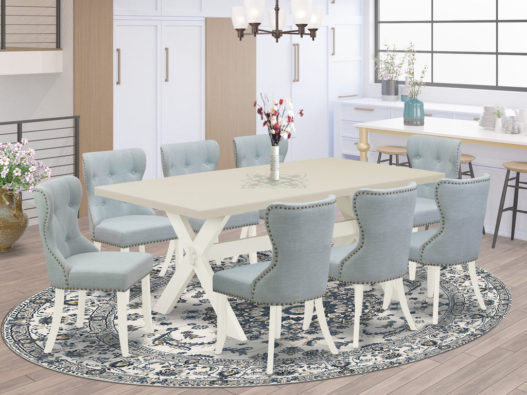 East West Furniture X027SI215-9 9 Piece Dining Table Set Includes a Rectangle Dining Room Table with X-Legs and 8 Baby Blue Linen Fabric Upholstered Chairs, 40x72 Inch, Multi-Color