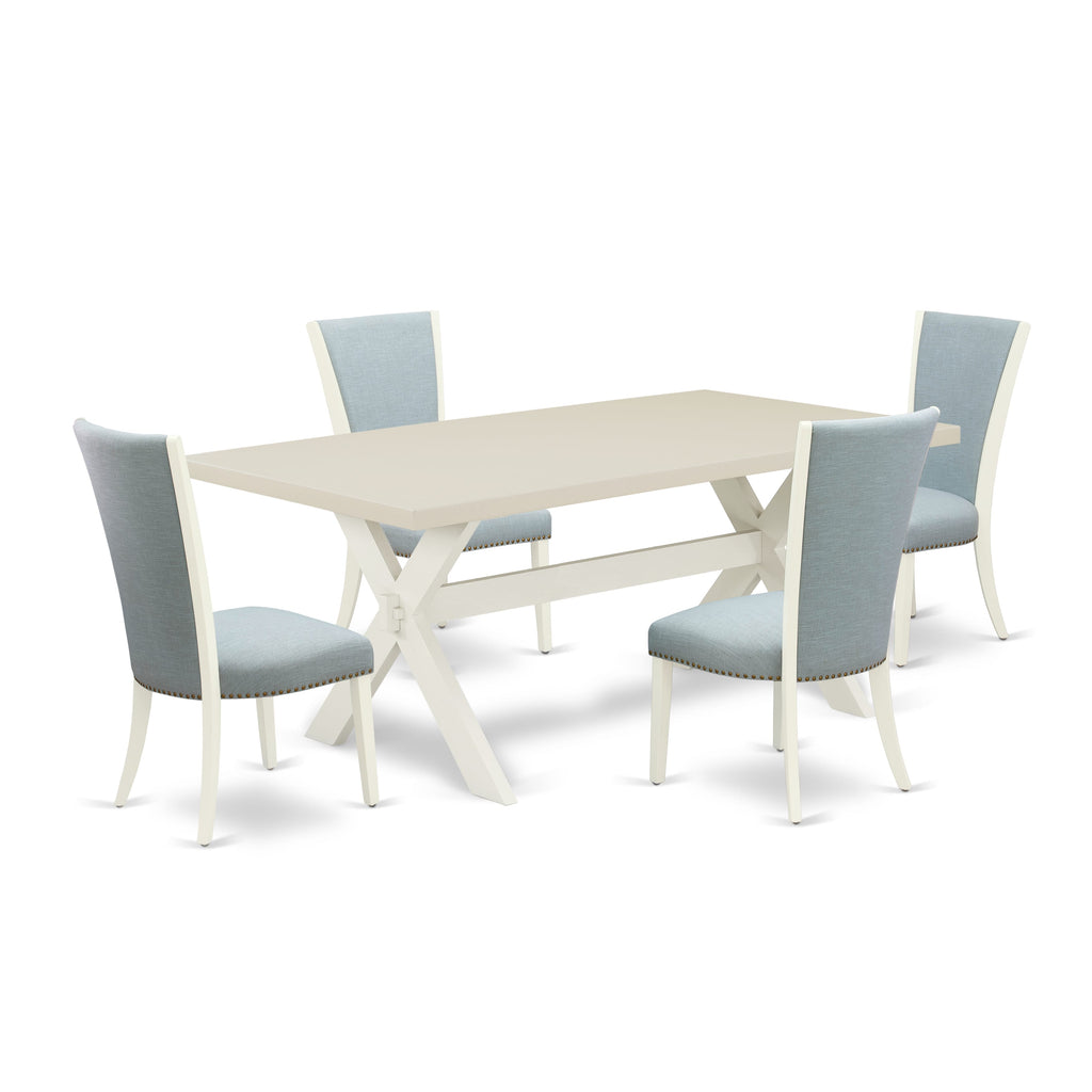 East West Furniture X027VE215-5 5 Piece Kitchen Table & Chairs Set Includes a Rectangle Dining Room Table with X-Legs and 4 Baby Blue Linen Fabric Parsons Chairs, 40x72 Inch, Multi-Color