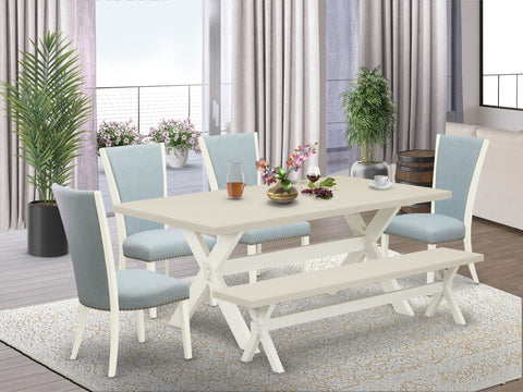 East West Furniture X027VE215-6 6 Piece Dinette Set Contains a Rectangle Dining Table with X-Legs and 4 Baby Blue Linen Fabric Parson Chairs with a Bench, 40x72 Inch, Multi-Color